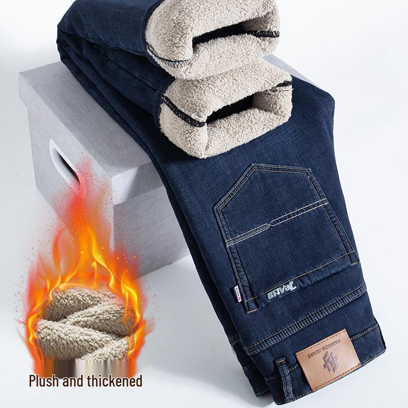 

Мужские эластичные прямые утолщенные джинсы с бархатной подкладкой для осени и зимы Size 32 (Waist 25 inches)