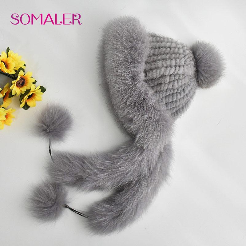 SOMALER Knit Real Mink Fur Hats for Winter Women Weave Fur Cap with Fox Fur Pompom Fox Fur Brim Luxury Female Knitted Beanies