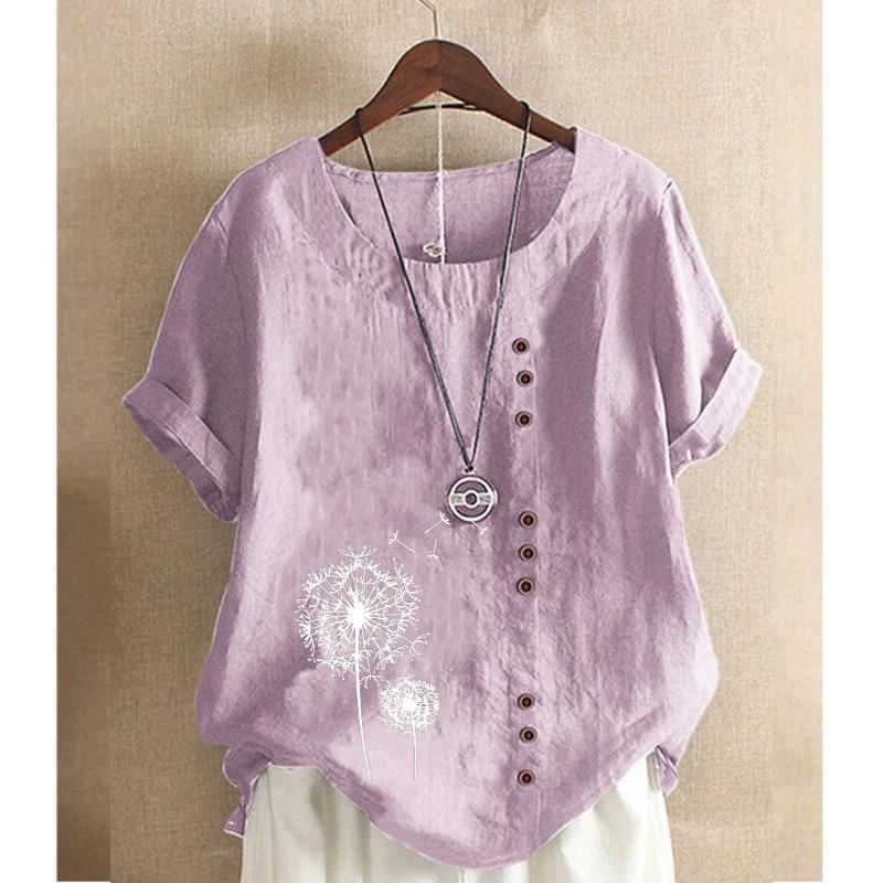 

Свободная повседневная рубашка с коротким рукавом и принтом на пуговицах, женские летние топы, женская уличная одежда, блузка больших размеров с круглым вырезом, женская мода 24159 4XL светло-фиолетовый