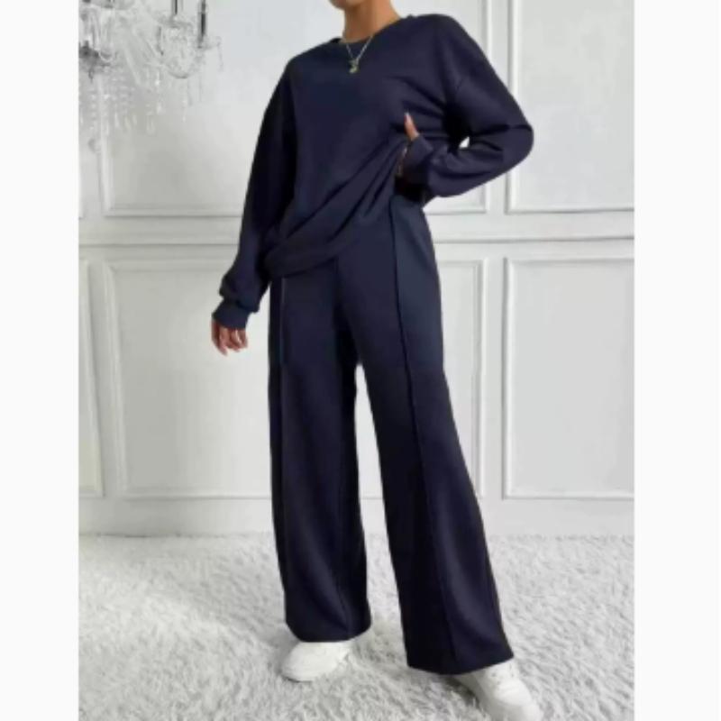 Completo due pezzi da donna casual con scollo rotondo e maniche lunghe, felpa e pantaloni a gamba larga, moda autunno inverno da donna, outfit da ufficio