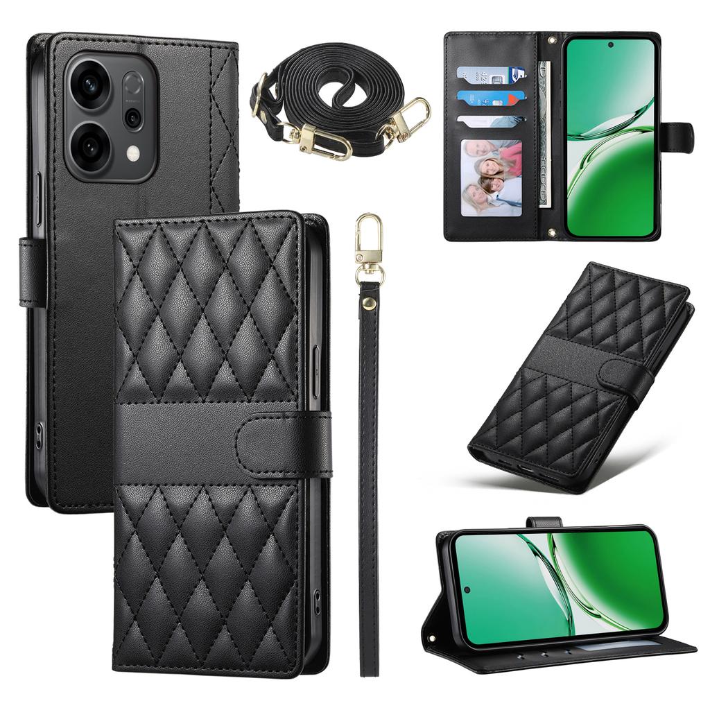 For Oppo Reno14 F 5G Case Rhombus Stitching Wallet Stand Leather Phone Cover with Long/Short Strap