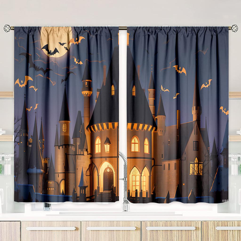 2 pieces of Halloween print curtain - Polyester material - for bedro home essentialom, living room, study - privacy curtain