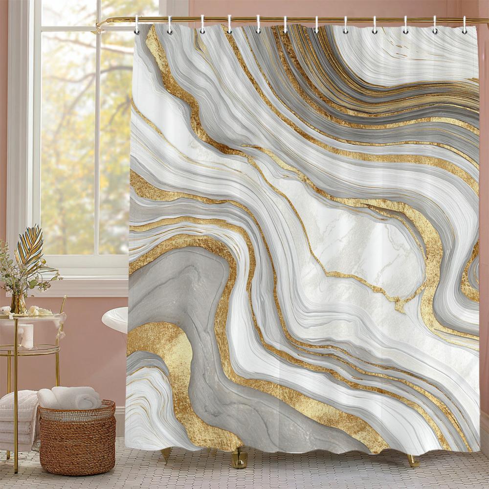 Abstract Marble Pattern Shower Curtain, Geometric Printed Bathroom Decorative Shower Curtain, Fabric Home Curtain with Hooks