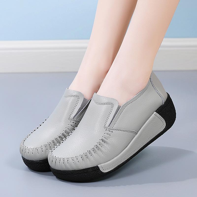Genuine Leather Women Working Shoes Fashion Wedge Heels Platform Shoes Non-slip Loafers Casual Walking Shoes
