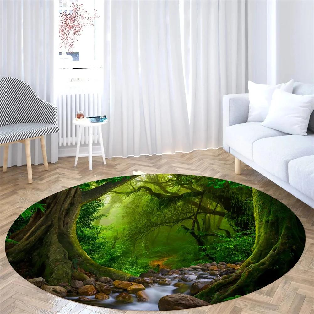 Forest Tree Landscape Print Round Carpet Non-slip Floor Mat Soft Indoor Circle Area Rug for Living Room Bedroom Dorm Kitchen