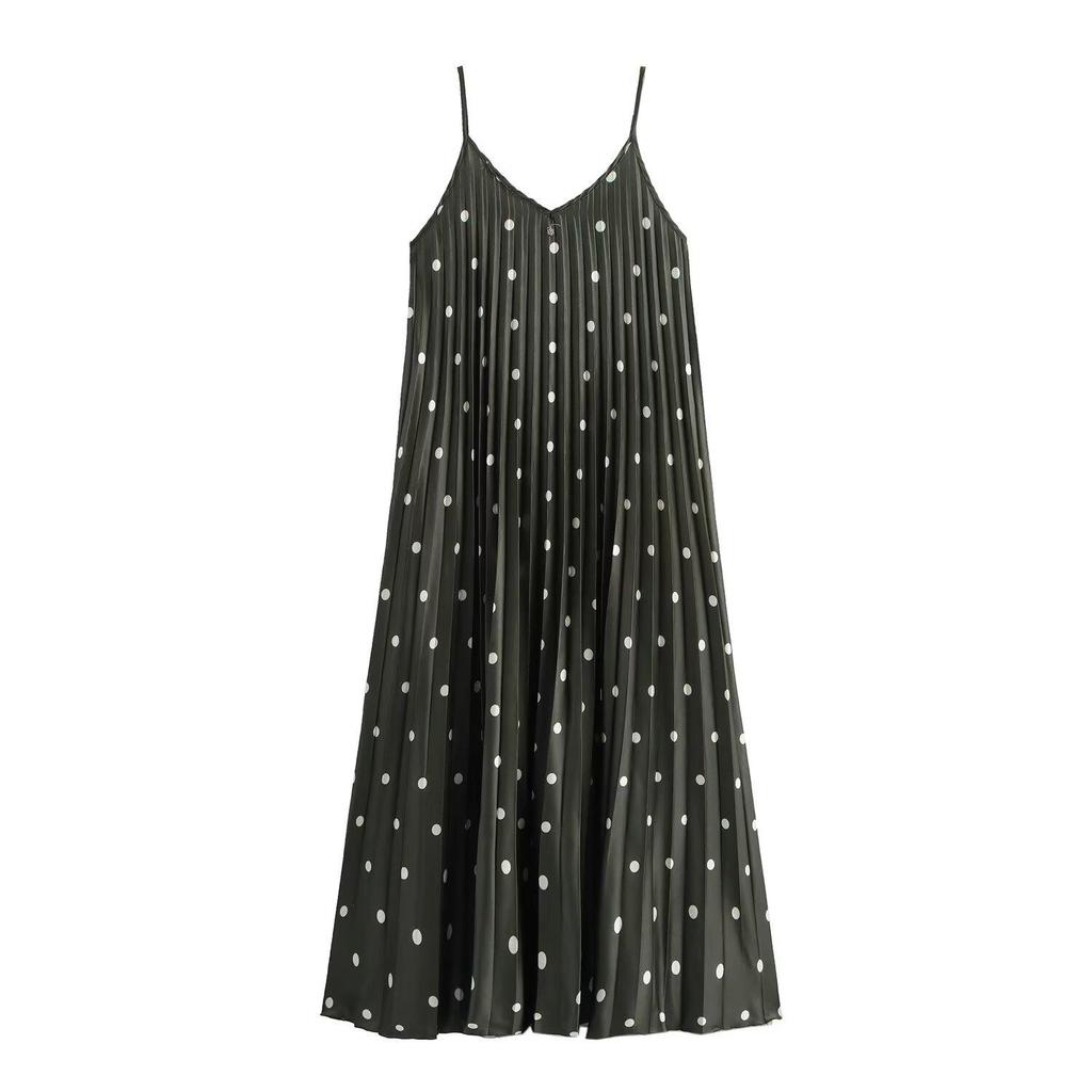 2025 Spring/Summer Polka Dot Spaghetti Strap Pleated Maxi Dress