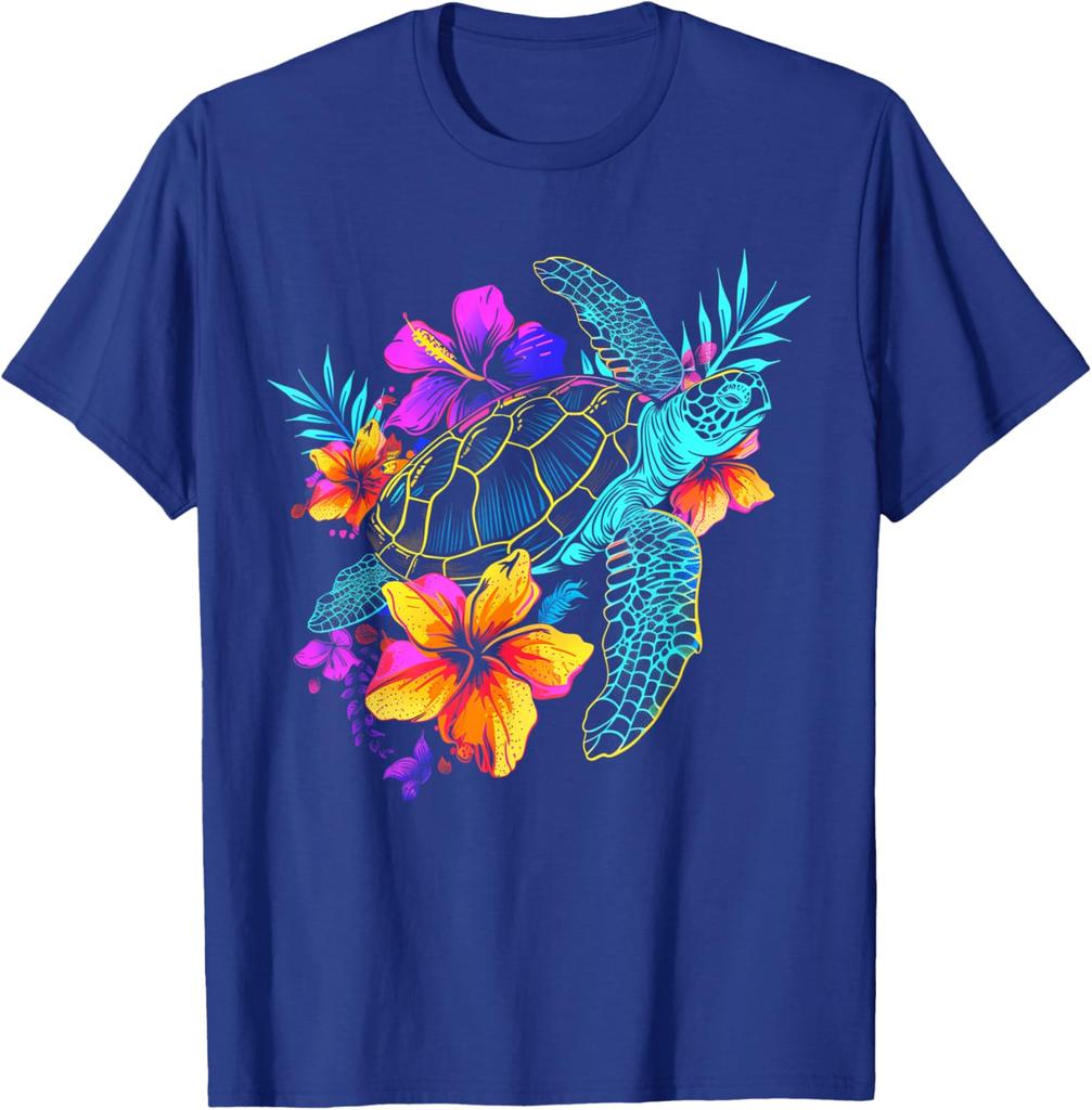 Sea Turtle Hawaiian Flowers Graphic T-Shirt Breathable Cotton Casual Trip Tee for Men
