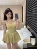 Elegant Off-Shoulder Pleated A-Line Skirt Women's Summer Spaghetti Strap Dress with Waist-Cinched Slim Fit