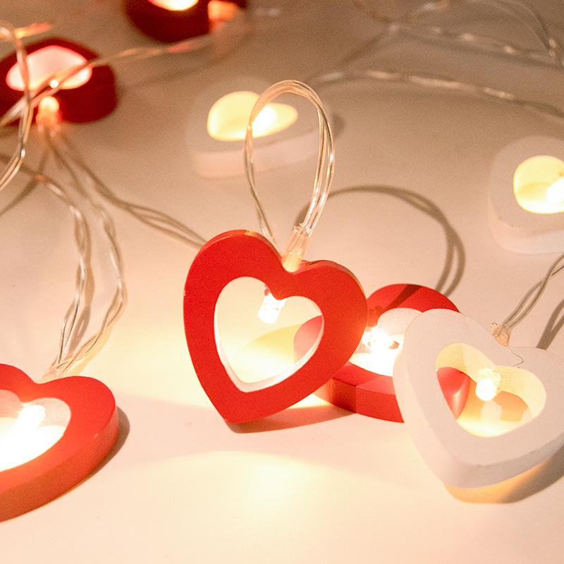 10pcs Valentine's Day Wooden Heart String Lights LED Fairy Lights Hanging Wood Love Lamp Garland Valentine's Day Wedding Decor