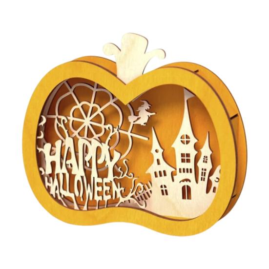 Yousheng Halloween Wooden Lighted Pumpkin for Tabletop, Spooky Pumpkin Lantern Shadow Box for Halloween Party, Dinning, Coffee Table Decoration