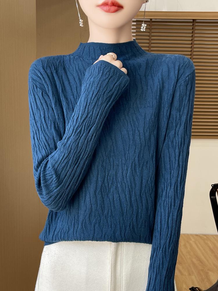 Niche Bark Texture Half-High Collar Sweater: Autumn/Winter Long Sleeve Temperament Knitwear for Women