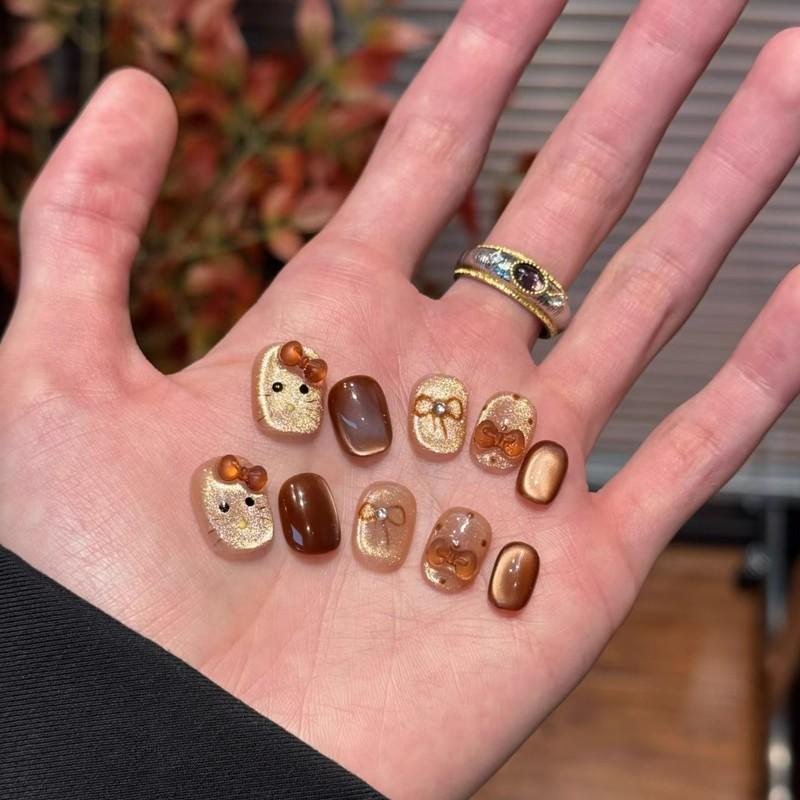 Autumn & Winter Cat Eye Caramel Amber Nails - Cute, Short, Handmade Kitty Nail Art Large