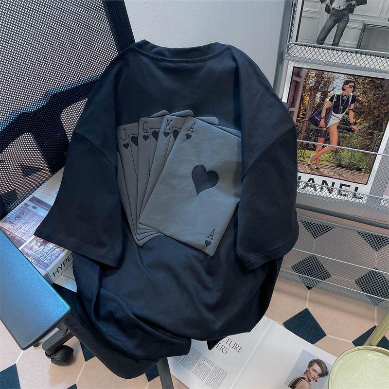 

and American Street Style Fashion Brand Print Playing Cards Short-Sleeved T-shirt Women s High Street Retro Hong Kong Style Oversize T-shirt Top Black L