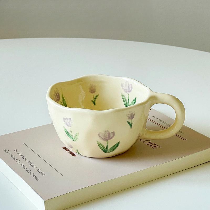 Hand Pinched Irregular Flower Ceramic Mugs Coffee Cups Milk Tea Cup Ins Korean Style Oatmeal Breakfast Mug Drinkware Kitchen Cup
