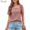 New Women's T-shirt Square Neck Hollow Short Sleeve