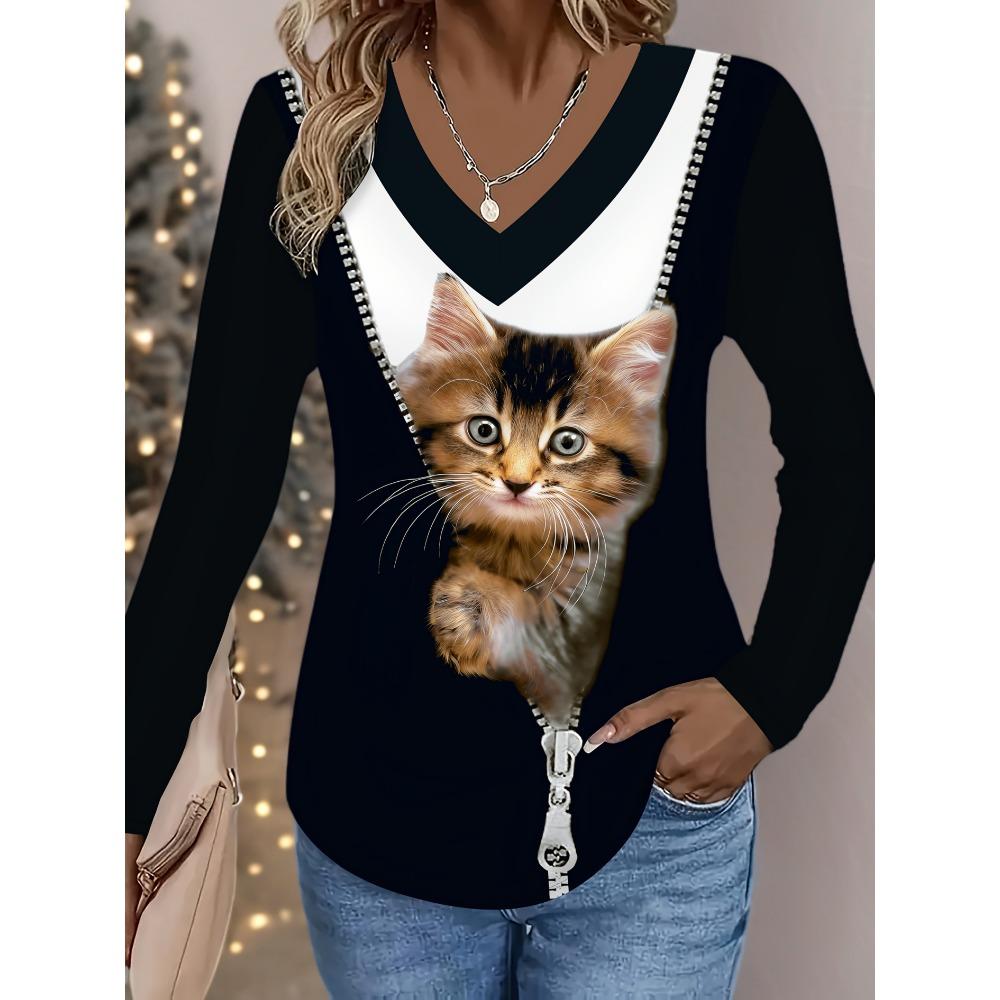 Elegant Directional Long Sleeve V-Neck Zipper Cat Print Women S T-Shirt Trendy Women S Wide Neck Comfortable Printed Top S