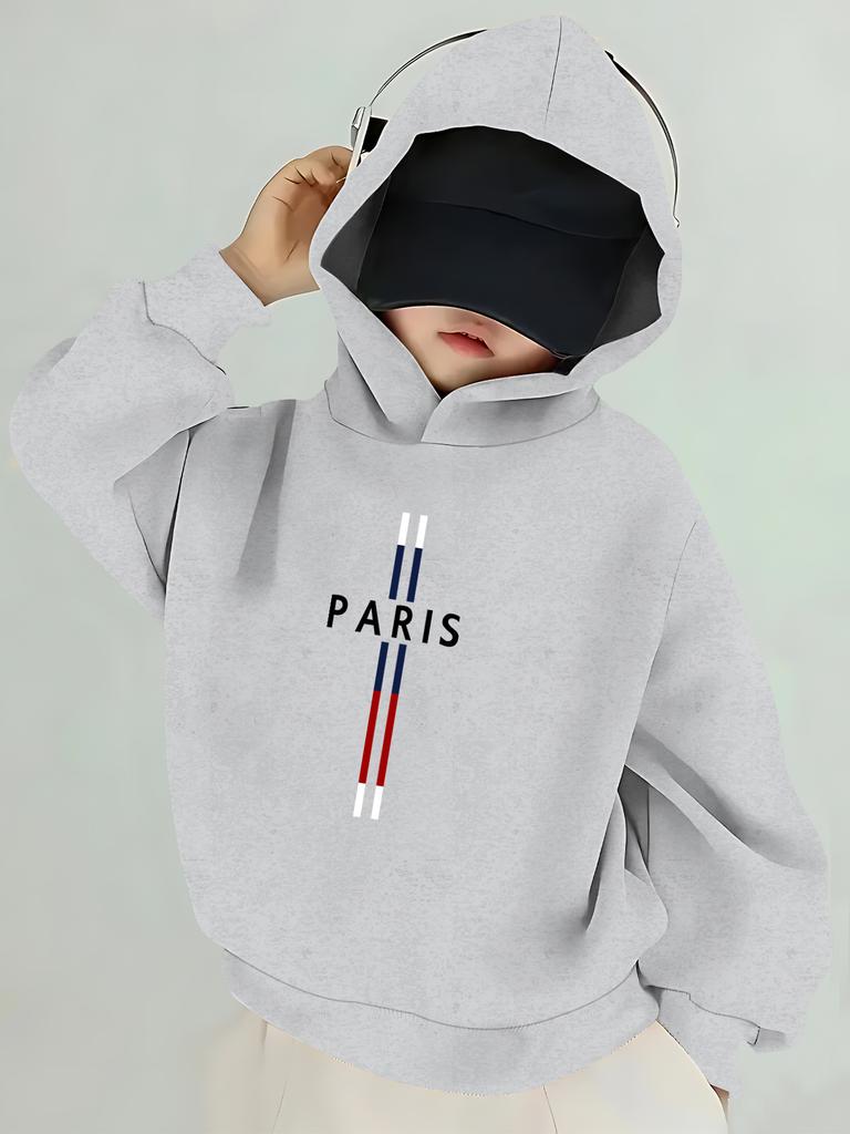 1pc Boys' Red Hooded Sweatshirt with Paris France Lettering & French Flag Print - Casual Pullover Sweater for Autumn/Winter, Mac