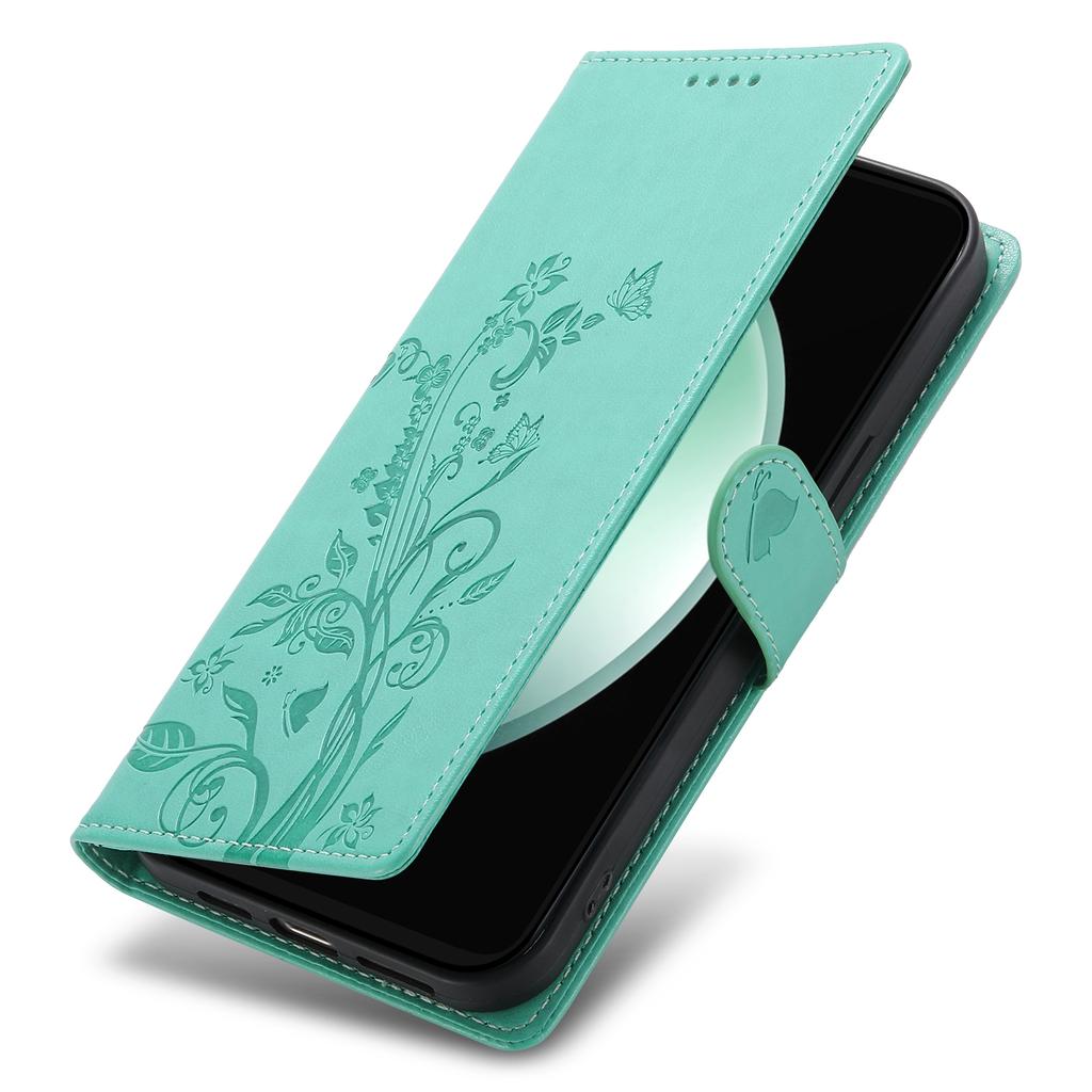 For Samsung Galaxy S25 FE Wallet Case Butterfly Floral Imprint PU Leather Phone Cover with Wrist Strap