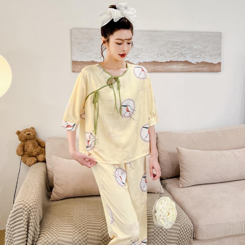 Women's pajamas new spring and summer ice silk comfortable and high-end new Chinese style loungewear set retro thin