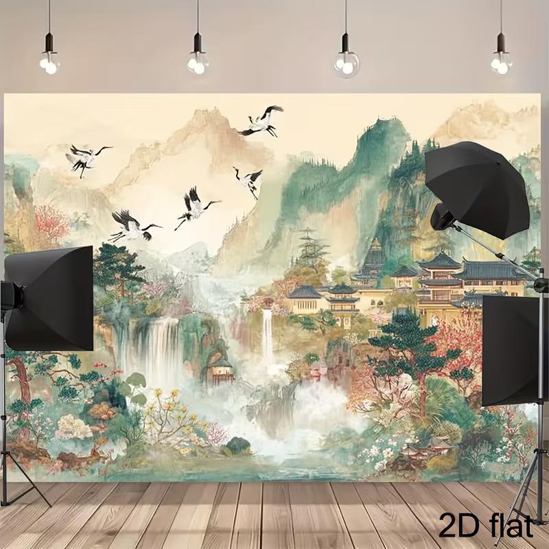 2D Chinese Temple Waterfall Crane Backdrop for Wall Hanging Decor