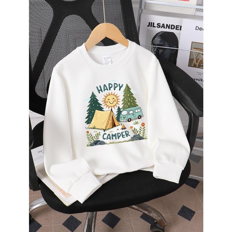 Kids Sweatshirt,Fashionable Sweatshirt Featuring a Happy Camper Theme with a Tent, Van, Sun, And Trees ,Spring Fall Sweatshirt