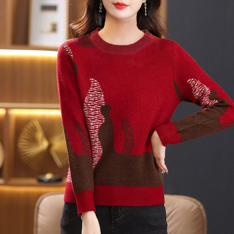 Autumn/Winter Fashion Round Neck Contrast Jacquard Hollow Vintage Art Casual Loose Long Sleeve Sweater