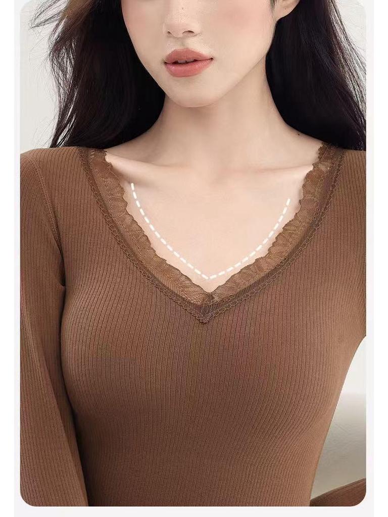 Women's Cashmere & Silk Lace V-Neck Long Sleeve Slimming Top Set