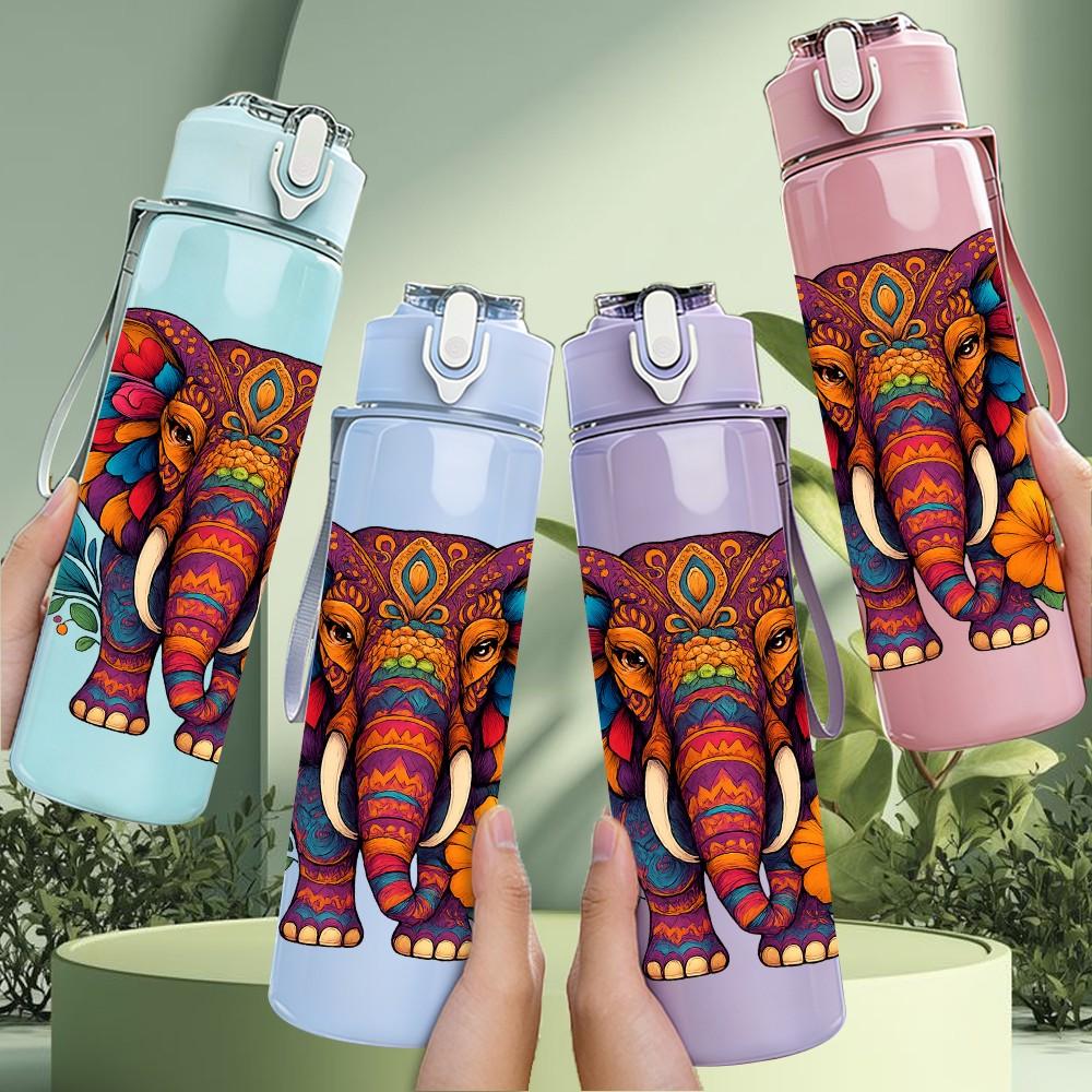 1PC Colorful Floral Elephant 750ml Color Plastic Sports Water Bottle Leakproof Flip Straw Lid Suitable for Sports Office Home Use