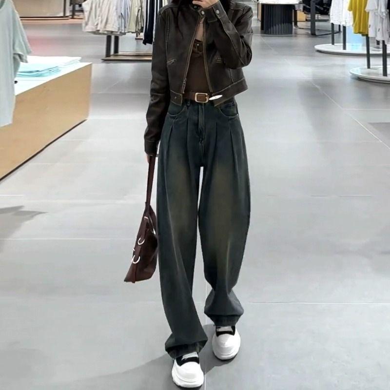 

Cement Gray Plush Retro High-Waist Cropped Denim Pants - Women s Autumn/Winter Korean Style Straight Leg XL [115-125 jin]
