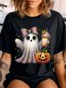 Solid Color Glossy T-Shirt with Wo's Anime Pumpkin & Glitter Bow Print - Short Sleeve Round Neck Dro