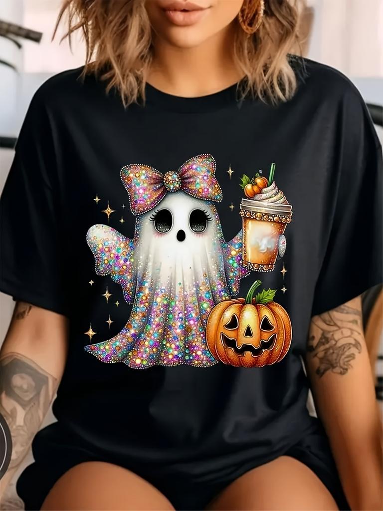 Solid Color Glossy T-Shirt with Wo's Anime Pumpkin & Glitter Bow Print - Short Sleeve Round Neck Dro