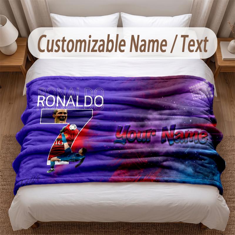 Cristiano Ronaldo Printed Flannel Blanket Custom Name Text Soft Warm Throw For Bedroom Holiday Gift