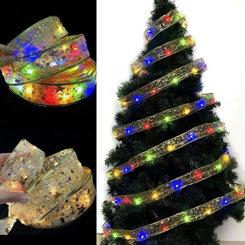 Christmas Ribbon Fairy Light Christmas Decoration For Home 2025 DIY Bows String Light Tree Ornaments Xmas Decor New Year 2026