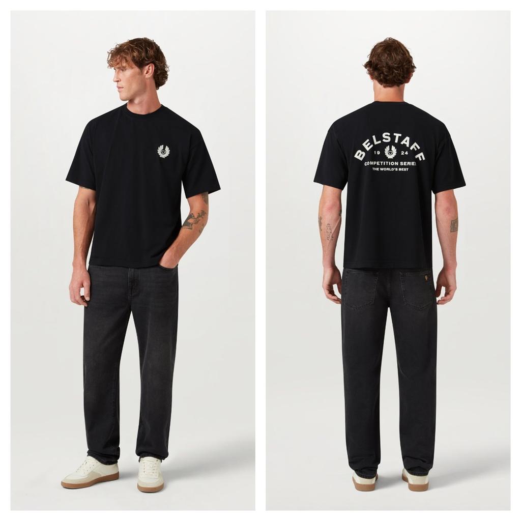 Belstaff Logo Double Sided Print T-Shirt, British Motorcycle Heritage Unisex White Casual Tee, Minimalist Streetwear, Everyday Wear