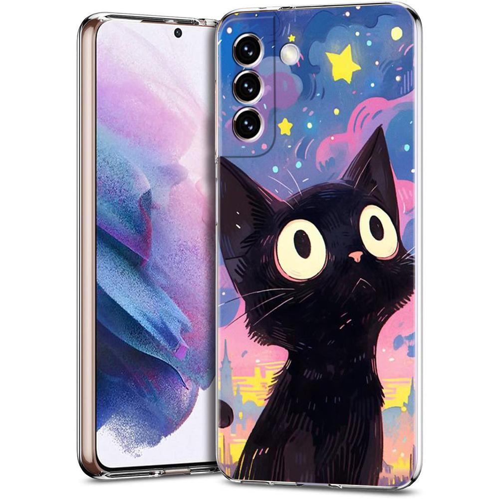 Artistic Black Cat Starry Night Phone Case For Samsung Galaxy S24 Ultra S23 FE S22 S20 S21 5G S10 S9 Plus S10E S8 Clear Cover