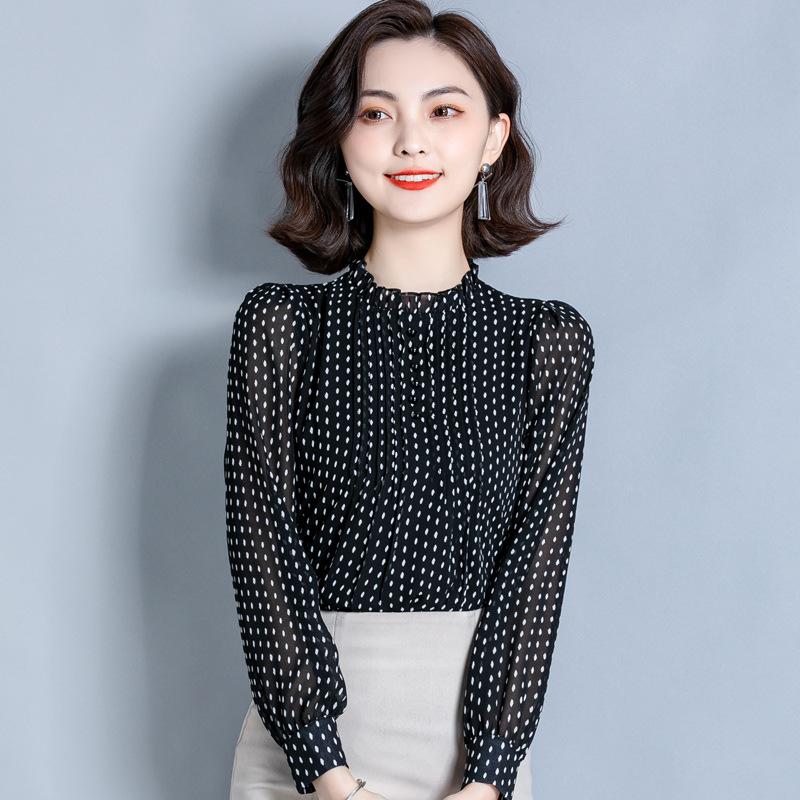 

Шифоновая рубашка, женская летняя одежда, свободный темперамент, черный воротник-грибок, топ в горошек, свитер в западном стиле из шелка Mulberry, блузки и рубашки 2XL чёрный