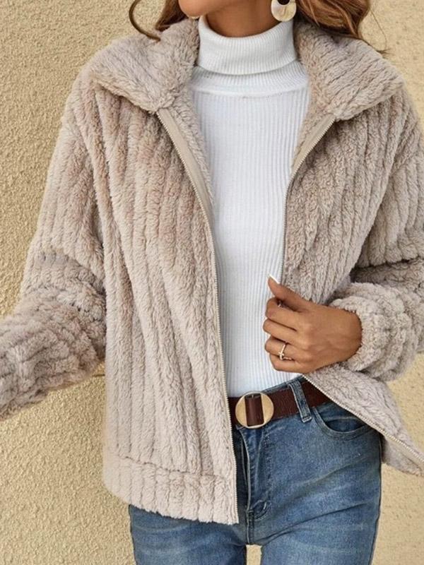 Women s Fall/Winter Fleece Cardigan with Lapel Collar, Short-Length Jacket 2XL абрикосовый