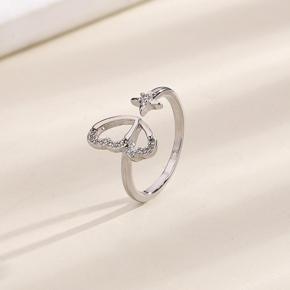 Zircon Four-Star Butterfly Ring Female Niche Fashion Cold Wind Personality Asymmetric Ring Flash Diamond Star Ring