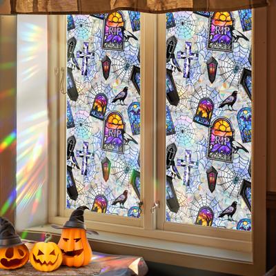Regenbogen Fenster Sichtschutzfolie Halloween Selbstklebende Glasaufkleber Prisma Buntglas Statische Haftung Sonnenschutz Sichtschutzaufkleber für Wohnzimmer Schlafzimmer