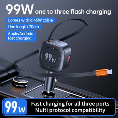 99W Retractable Car Phone Charger USB C PD 45W Fast Charging for iPhone 16 Pro Max Samsung Galaxy S25 Ultra Android
