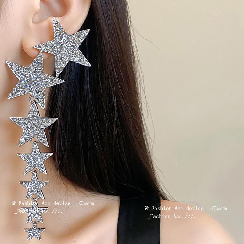 Silver Needle Diamond Star Splicing Tassel Earrings Light Luxury Personality Long Earrings Fashion Exaggeration New Earrings Women