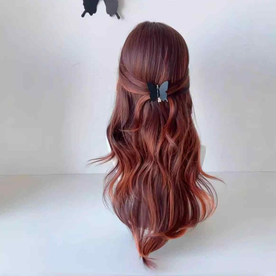 Synthetic Punk Style Long Wavy Curly hair Wig brown red Highlight orange Cosplay Lolita Wigs with Bangs for Women
