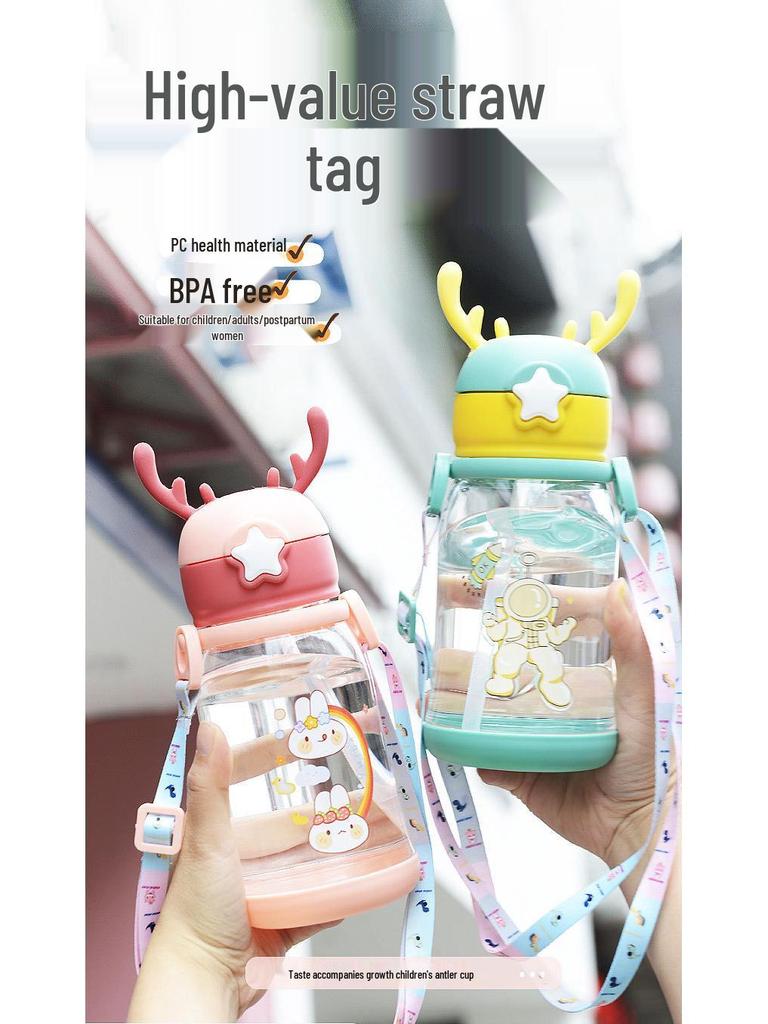 Children's Cartoon Antler Straw Cup - Portable Summer Outdoor Plastic Water Cup with Strap