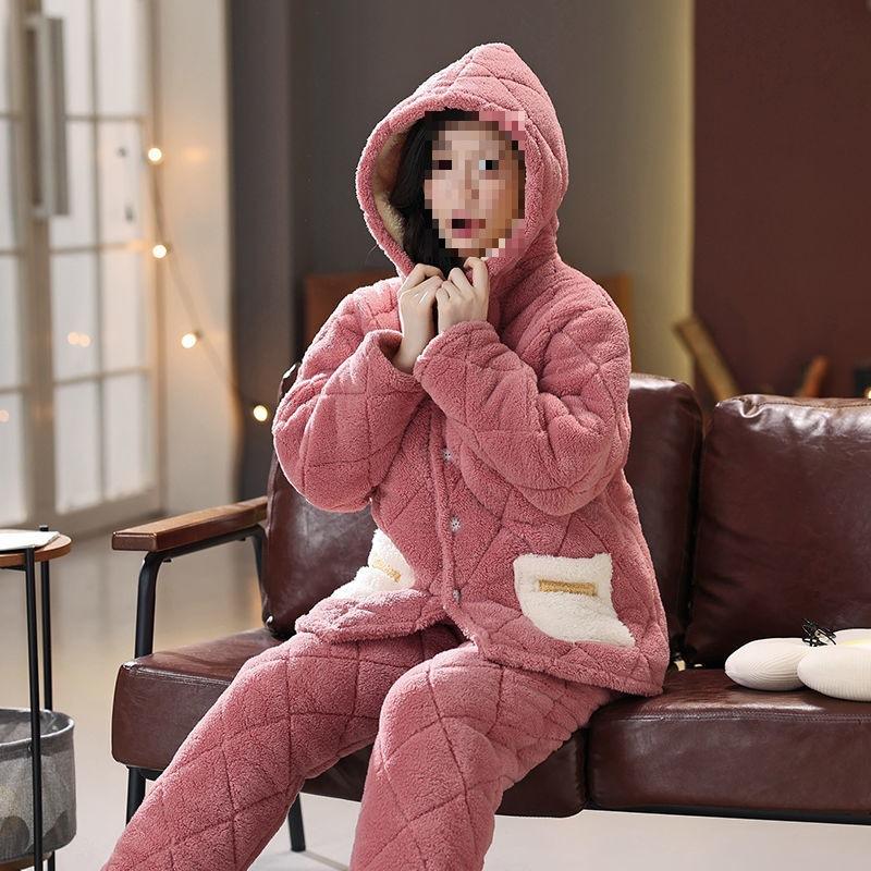Pajamas women's three-layer thickened and cute winter can wear large-size warm padded loungewear