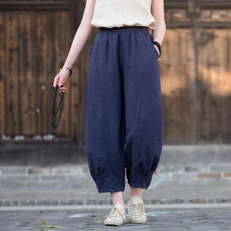 Johnature Women Vintage Solid Color Pants Elastic Waist Patchwork Pockets Summer Trousers Bloomers Pants