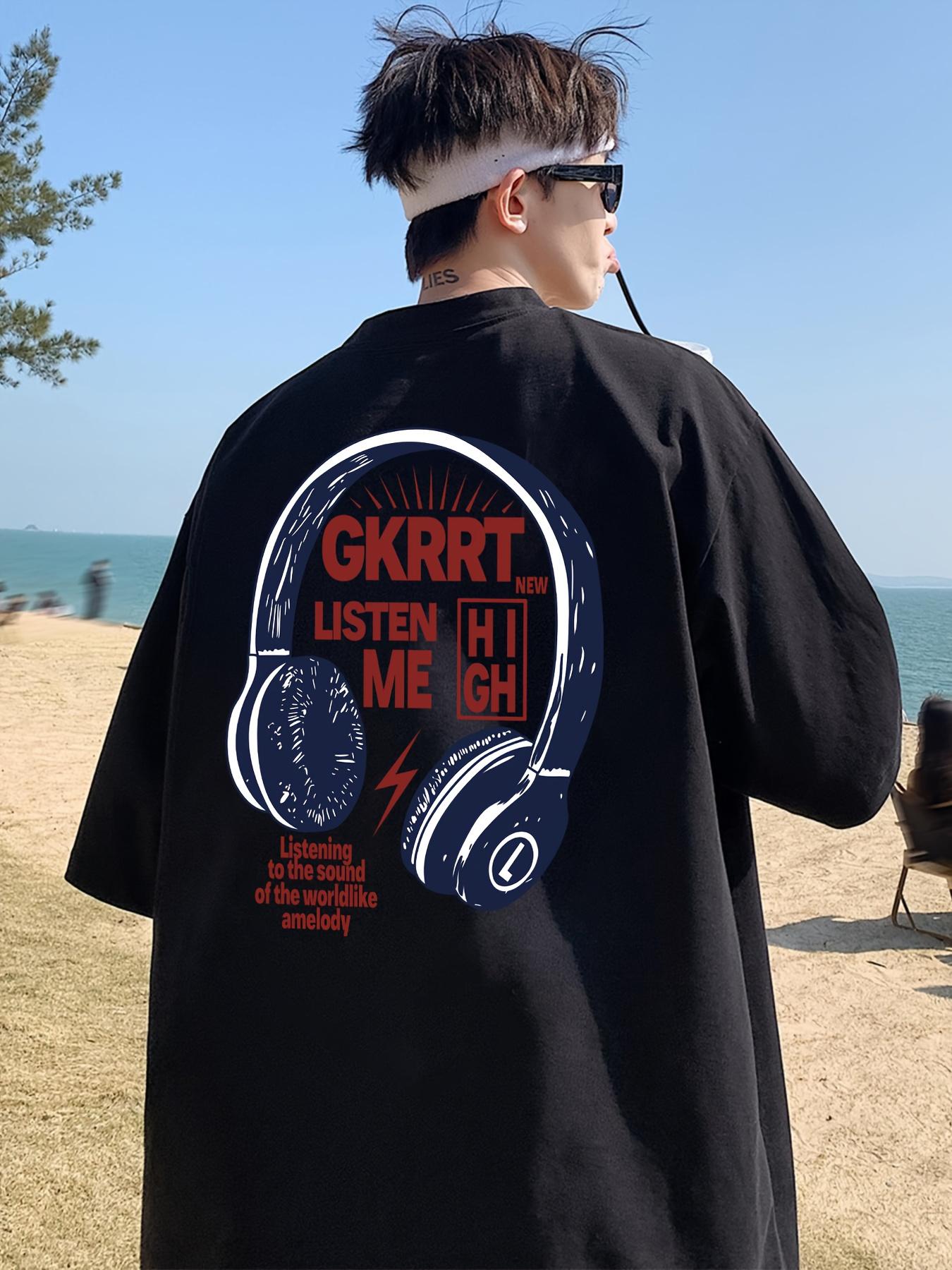 

100% Cotton Graphic T-shirt with Music Headphones & GRRT Letter Print - Breathable Summer Short Sleeve Tee XXXL