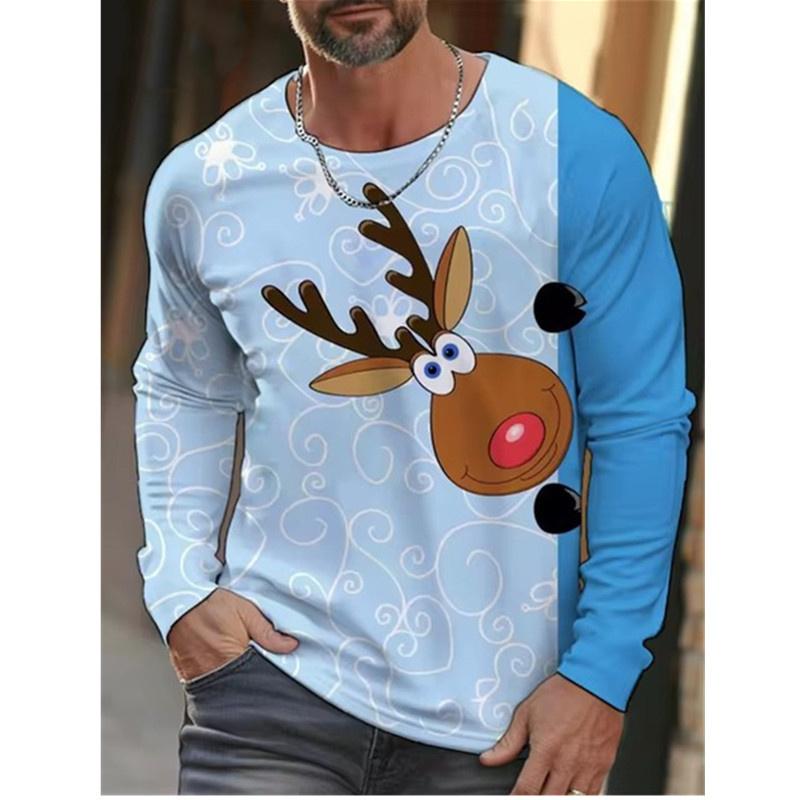 Funny Christmas Style Pattern T-Shirt For Men Elk Santa Gift 3D Print T Shirts Autumn Casual Long Sleeves Loose O-Neck Tops Tees