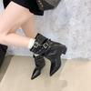 Mode Modische und vielseitige spitz zulaufende hochhackige Stiefeletten für Damen 2025 neues Designgefühl, Nischen-Stiefeletten mit Gürtelschnalle
