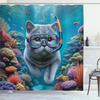 Nautical Shower Curtain, Funny Surreal Image of a Grey Cat Diving in The Deep Ocean Colorful Reef, Cloth Fabric Bathroom Decor