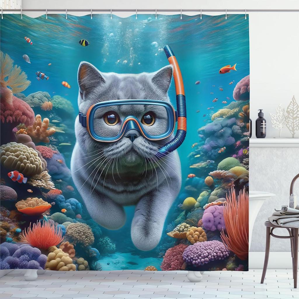 Nautical Shower Curtain, Funny Surreal Image of a Grey Cat Diving in The Deep Ocean Colorful Reef, Cloth Fabric Bathroom Decor